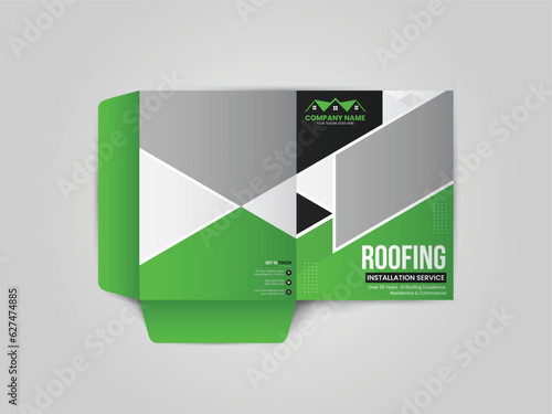 Roofing Service Presentation folder design for files, Roof repair, worker replacing gray tiles or shingles on house, Roofing - construction worker standing on a roof covering it with tiles.
