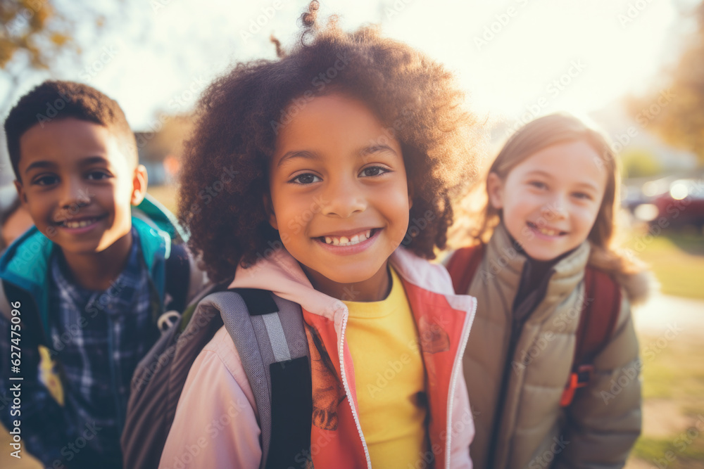 Portrait of a group of children going back to school . Child wearing a backpack ready for the first day of kindergarten Portrait of a group of children going back to school . Child wearing a backpack ready for the first day of kindergarten