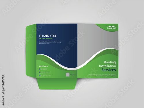 Roofing Service Presentation folder design for files, Roof repair, worker replacing gray tiles or shingles on house, Roofing - construction worker standing on a roof covering it with tiles.