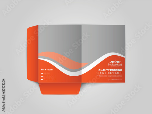 Roofing Service Presentation folder design for files, Roof repair, worker replacing gray tiles or shingles on house, Roofing - construction worker standing on a roof covering it with tiles.