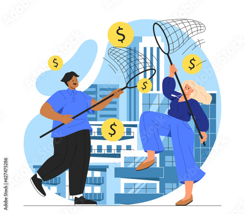 Man and woman catching coins concept. Young guy and girl with nets near cash. Financial literacy and passive income, casual earnings. Income and wage. Cartoon flat vector illustration