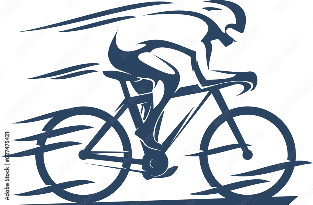 Fototapeta premium Cycling sport icon, bike racer silhouette of bicycle and cyclist, vector symbol. Road bicycle race club or mountain bike cycling badge of biker rider in speed motion for triathlon athletics racing