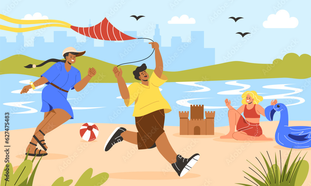 Children recreation on beach concept. Boy and girl running with red kite. Vacation and recreation in tropical countries. Friends having fun together outdoor. Cartoon flat vector illustration
