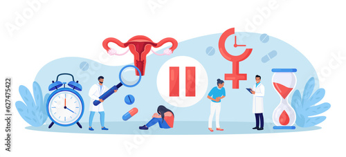 Menopause and gynecology. Women climacteric. Woman consulting with doctor about reproductive health problems. Patient treating with hormone replacement therapy. Pause button, hourglass, female organ