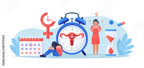Menopause and gynecology, hormone replacement therapy. Women climacteric. Woman with menopause symptoms, including hot flushes, anxiety, low mood, headache. Character standing at her biological clock