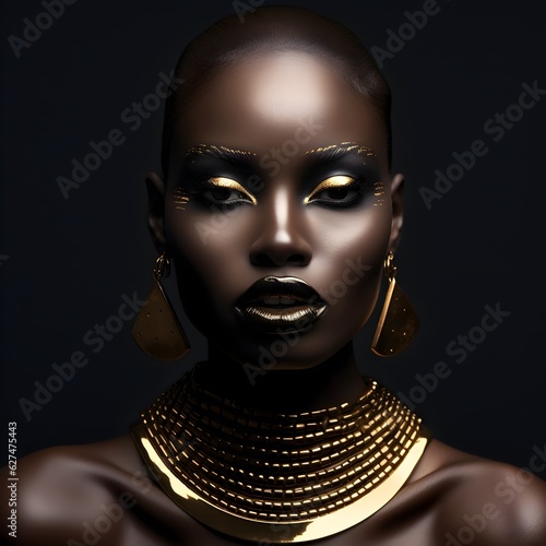 portrait of a dark-skinned woman with golden makeup