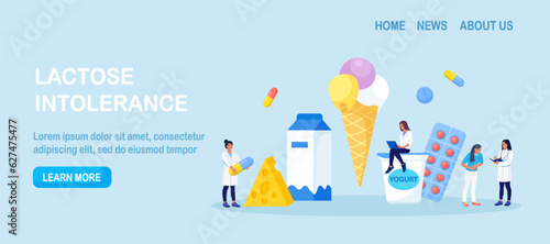 Lactose Intolerance. Dairy Products Intolerant. Doctor Give Pills to Patient for Treat Allergy on Milk Food. Sick Woman Suffering with Stomach Ache, Diarrhea, Abdominal Pain, Bloating, Nausea