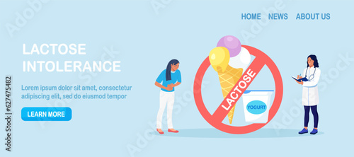 Lactose Intolerance, Allergy on Dairy Products. Diet with Prohibited Milk and Ice Cream, Yogurt. Young Sick Woman Suffering with Stomach Ache, Diarrhea, Abdominal Pain, Bloating, Nausea