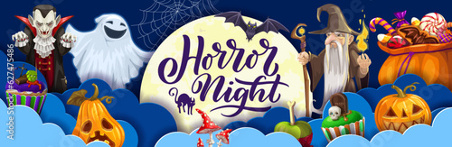 Halloween paper cut banner with holiday cartoon characters, vector pumpkins and ghosts. Halloween horror night party background with happy spooky bat and scary moon with trick or treat candy sweets