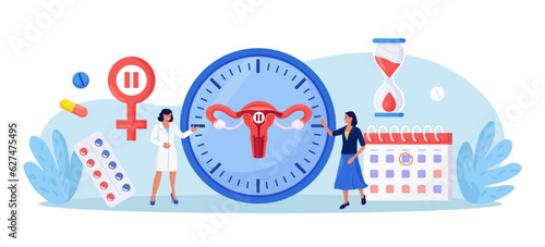 Menopause and gynecology concept. Women climacteric. Woman consulting with doctor about female health. Patient treating with hormone replacement therapy. Biological clock with female organ, calendar