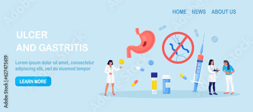 Helicobacter pylori infection. Bacterium with flagella damage stomach tissue. Digestive tract diseases, gastritis. Doctor gastroenterologist inspecting stomach, intestine microflora. Gastroenterology