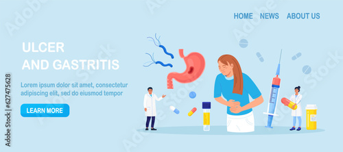 Helicobacter pylori infection. Bacterium with flagella damage stomach tissue. Digestive tract diseases, gastritis. Doctor gastroenterologist inspecting stomach, intestine microflora. Gastroenterology