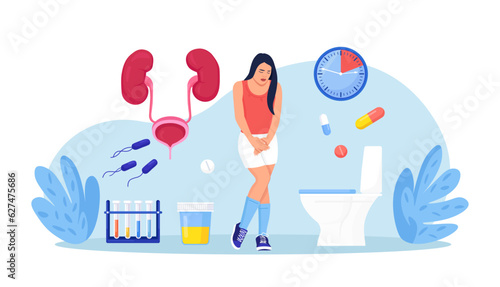 Woman with bladder disease, incontinence. Urinary Tract Infections, Cystitis. Female Character Suffering from Pain during Urination. Treatment of Urethritis, Genital Infection. Nephrology, Urology photo