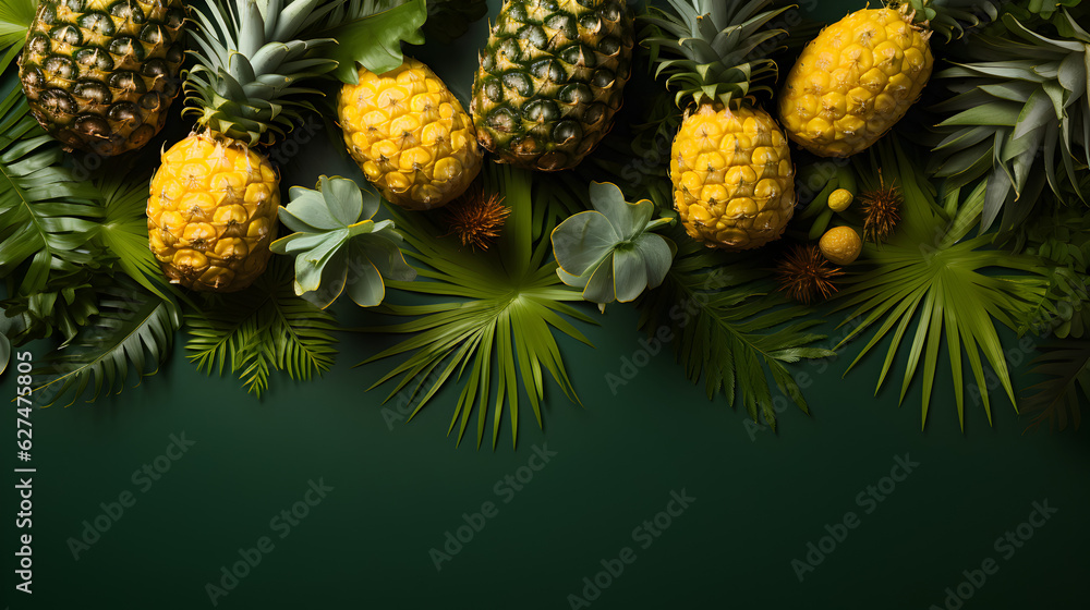 Fresh pineapples on green background Generative AI Fresh pineapples on green background Generative AI
