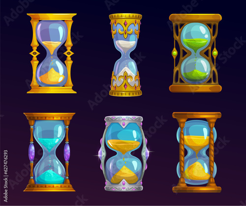 Magic sand glass clocks. Isolated sandglass, hourglass. Vector magical vintage glossy watches with transparent bulbs and golden sparkling grains countdown hours and minutes, game ui or gui elements