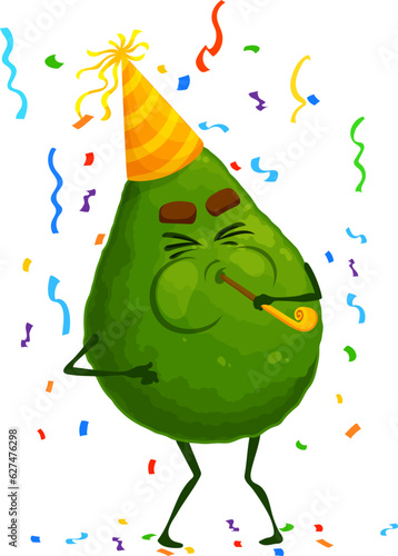 Cartoon avocado character on holiday party. Happy ecstatic vector fruit personage wear funny hat blowing pipe on spirited celebration, having great time at birthday or anniversary bash with decor
