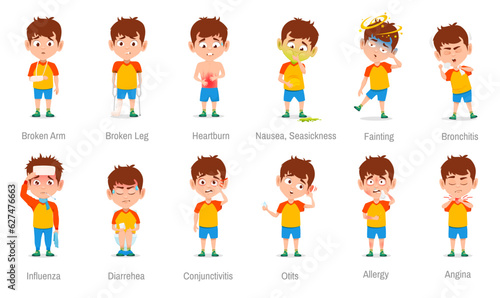 Tela Sick kid symptoms icons of flu fever or cold, child pain, disease and trauma, vector boy characters