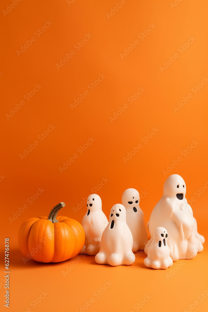 Halloween minimal background with funny ghost and jack-o-lantern pumpkin. Copy space. Generative AI Halloween minimal background with funny ghost and jack-o-lantern pumpkin. Copy space. Generative AI