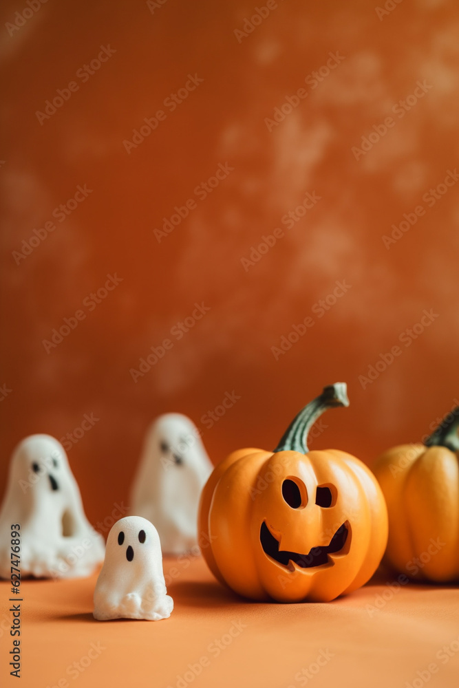 Halloween minimal background with funny ghost and jack-o-lantern pumpkin. Copy space. Generative AI Halloween minimal background with funny ghost and jack-o-lantern pumpkin. Copy space. Generative AI