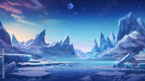 Frozen  snowy wasteland with ice formations  polar animals  and the aurora borealis in the sky game art