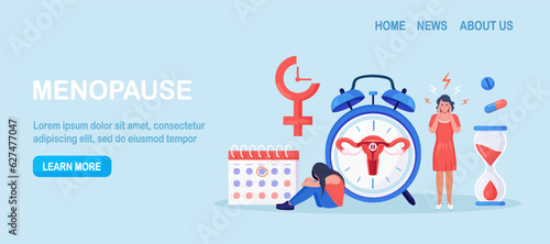 Menopause and gynecology, hormone replacement therapy. Women climacteric. Woman with menopause symptoms, including hot flushes, anxiety, low mood, headache. Character standing at her biological clock