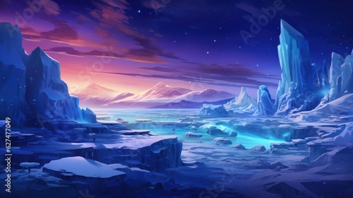 Frozen, snowy wasteland with ice formations, polar animals, and the aurora borealis in the sky game art