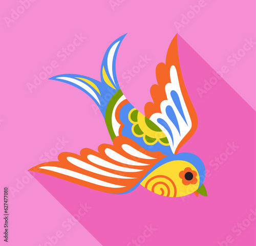 Dia de los muertos colorful bird concept. Traditional Mexican holiday. Element of decor. Template, layout and mock up. Cartoon flat vector illustration isolated on pink background