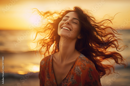 Calm, free and happy woman enjoying a beautiful moment in life on the beach at sunset 