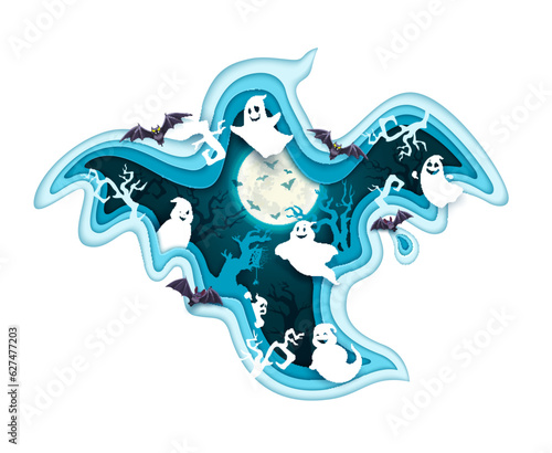 Halloween paper cut ghost with double exposition. Vector 3d effect papercut frame in shape of spook with funny phantom personages, midnight landscape with moon, trees and flying ghosts inside