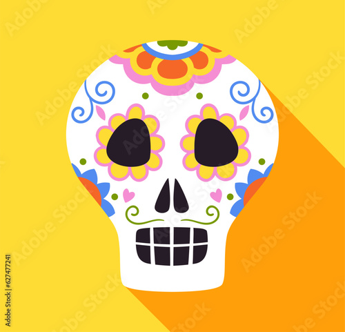 Dia de los muertos colorful skull concept. Traditional Mexican holiday and festival. Day of deads. Poster or banner for website. Cartoon flat vector illustration isolated on yellow background