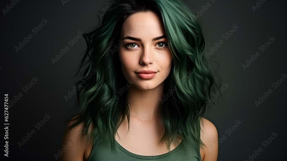 Portrait of a woman with green hair on a dark background