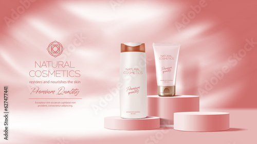Pink coral podium mockup or cosmetic product ad background, vector 3D template. Beauty product display or podium stage platform with cosmetic bottles of cream makeup package, premium skincare pedestal