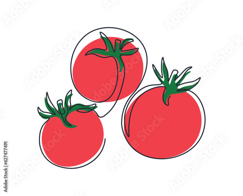 Tomatoes in continuous drawing style. Abstract minimalistic style. One line drawing fresh vegetables. Tomato outline with color. Drawing with single line. Doodle for logo or poster. Line art.