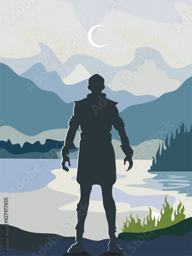Silhouette of a male warrior on the background of a landscape with a starry sky, a lake and mountains.