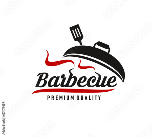 BBQ grill, meat restaurant and barbecue food bar vector icon of steak and spatula. Steakhouse menu label or barbecue sausage party and barbeque cooking picnic emblem with meat and smoke