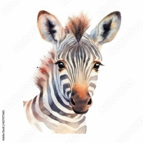 Watercolor cute little zebra. AI generative.