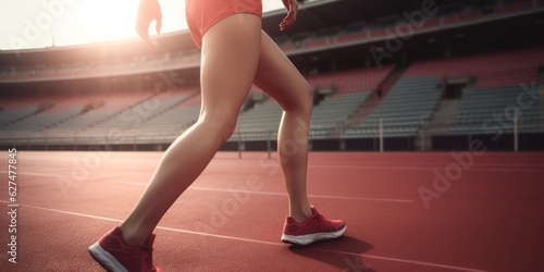 Athletic Woman Jogging with Graceful Strides in Light Red and Light Black Tones, Embracing the Summer Spirit in a Thriving Olympic Stadium Amidst a Crowded and Vibrant Sports Event