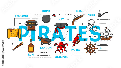 Piracy, pirate and corsair item icons of skull, treasure chest and map, vector outline. Caribbean pirates ship and skull with crossbones, captain parrot and corsair tricorne hat with rum and spyglass