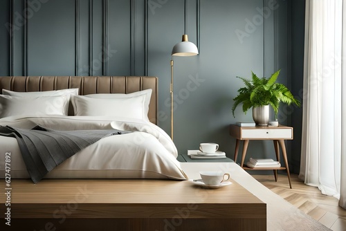 Cup of coffee  tea on wooden night stand. Green bouquet of white viburnum  fern and solomons seal flowers. Bedroom view. Beige pillows  linen blanket in bed. Elegant moulding. Empty wall mockup  brigh