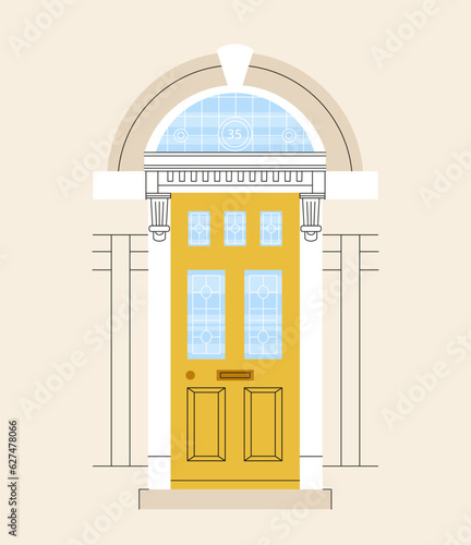 Front yellow door concept. Entrance to real estate. Exterior or facade of office. Urban private property. Poster or banner for website. Cartoon flat vector illustration isolated on beige background