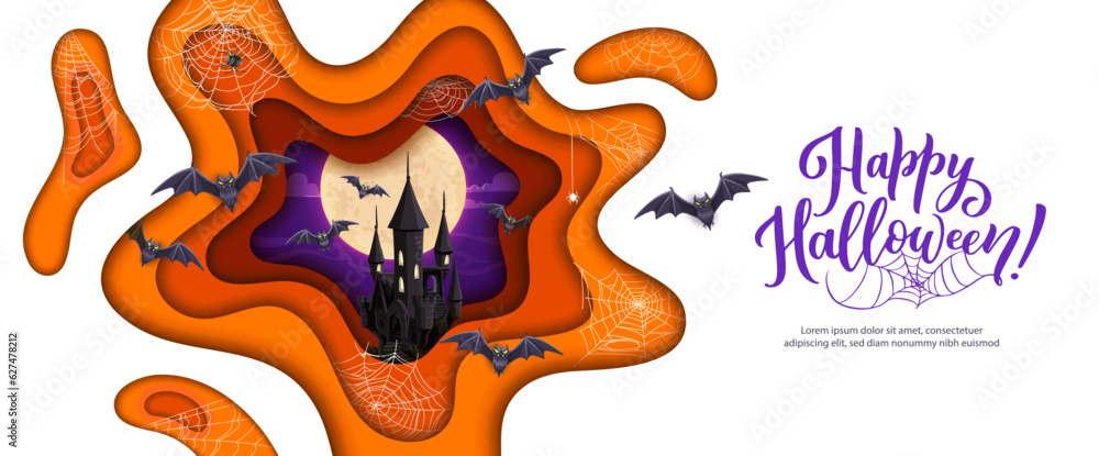 Halloween paper cut midnight castle, cobweb and flying bats, vector horror holiday background. Halloween party poster with haunted castle and night moon, spiderweb and bats in paper cut art Halloween paper cut midnight castle, cobweb and flying bats, vector horror holiday background. Halloween party poster with haunted castle and night moon, spiderweb and bats in paper cut art