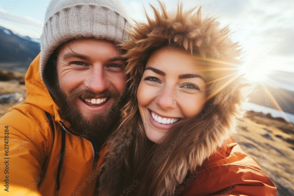 Selfie photo of happy smiling young couple during traveling together at beautiful destination in the mountains Selfie photo of happy smiling young couple during traveling together at beautiful destination in the mountains