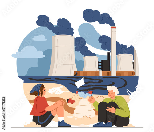 Global ecology problems concept. Man and woman sit on beach with garbage and look at smoke from factory. Activists and volunteers clean up coastline. Cartoon flat vector illustration