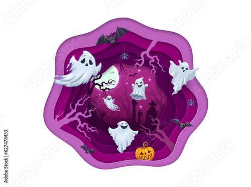 Halloween paper cut cartoon flying ghosts on cemetery. Vector horror night pumpkin, ghosts, bats and spiders in layered papercut wavy frame with background of midnight graveyard, creepy zombie, trees