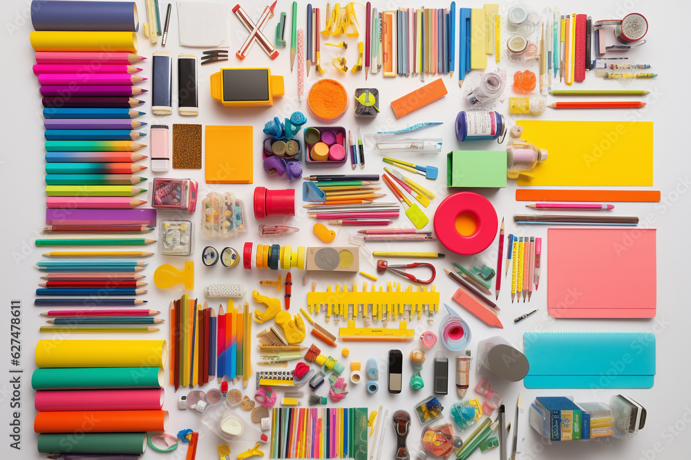 School Supplies and Accessories flat lay background. Back to school concept. generative AI School Supplies and Accessories flat lay background. Back to school concept. generative AI