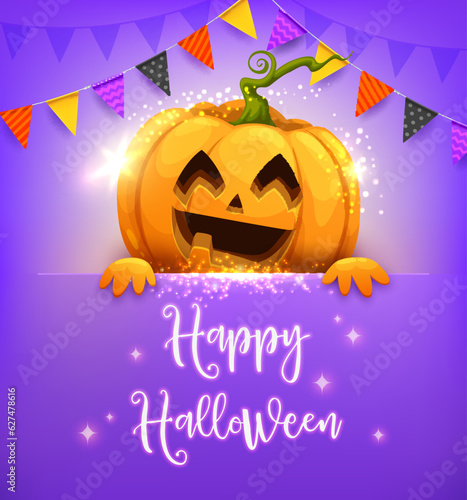 Cartoon Halloween pumpkin character with holiday garland and sparkles. Vector festive poster or greeting card with funny jack lantern personage peep out, Happy Halloween text and magic glowing sparks