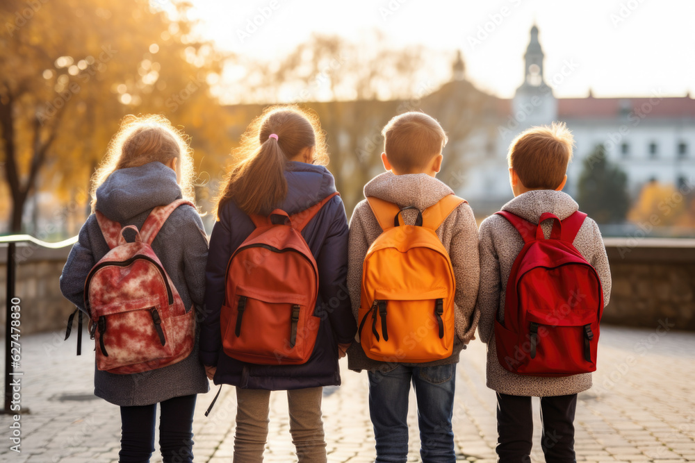 Group of children going back to school . Child wearing a backpack ready for the first day of kindergarten. Back view