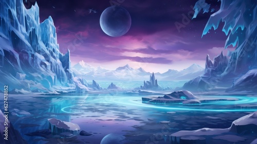 Frozen  snowy wasteland with ice formations  polar animals  and the aurora borealis in the sky game art