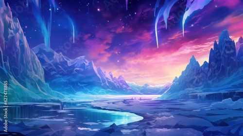 Frozen, snowy wasteland with ice formations, polar animals, and the aurora borealis in the sky game art