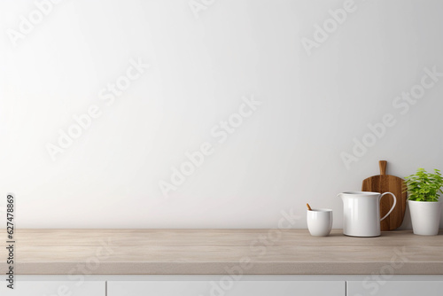 Empty tabletop with white wall for mockups and copy space. Kitchen minimalist interior with wood table. Promotion background.